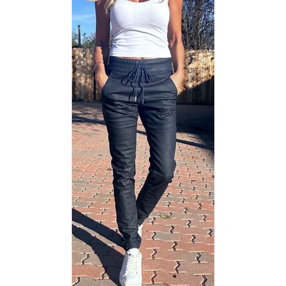Bevy Flog Shely Pants •27• Slim Leg Snake Print Drawstring Skinny Navy Blue $210